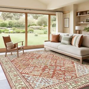 9x12 Area Rugs for Living Room, Machine Washable Low Pile Rug, Non Slip Backing Boho Rugs for Bedroom, Printed Soft Vintage Carpet Orange 9 x 12