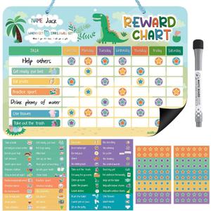 Reward Chart for Kids, Dinosaur Magnetic Behavior Chart for Kids at Home with 26 Chore Charts, 120 Magnetic Star Stickers Dry Erase Responsibility Chart for Toddlers Potty Training