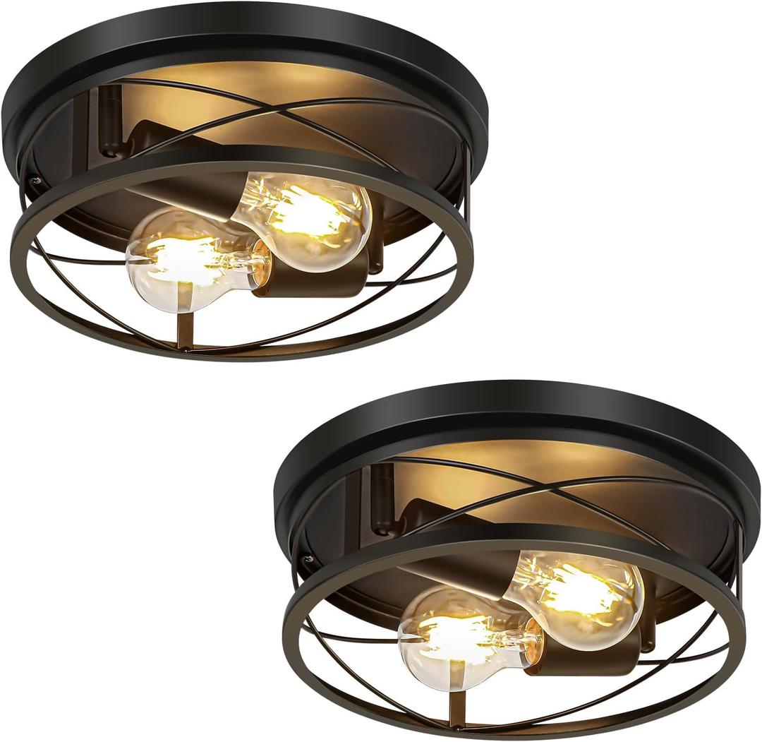 Farmhouse Lights,Black Industrial 2 Pack Round Metal Flush Mount Hallway & Bedroom Ceiling Lamp, Kitchen Round Lights (Bulbs Not Included) (10.63inch-2pack)