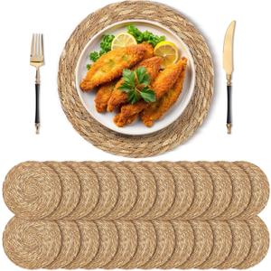 Kochorie Set of 24 Round Woven Placemats 13.8 Inches Bulrush Placemats Natural Hand-Woven Boho Rattan Placemats Wicker Table Mats Farmhouse Weave Place Mats for Home Dining Table