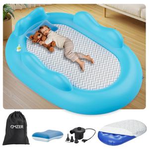 Inflatable Toddler Travel Bed - Blow Up Mattress Oval Toddler Air Mattress with Waterproof Sheet - Portable Kids Air Mattress with 3 Sides Bumpers for Sleeping Camping Traveling(Blue)