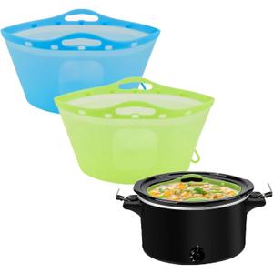 2pcs Silicone Slow Cooker Liners, Foldable Slow Cooker Liners for 6-7-8 Quarts, Reusable Crock-Pot Liners with Buttons and Hooks for Oval or Round Pot, Leakproof & Easy Clean, Green+Blue