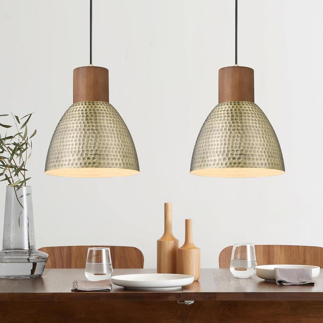 ELYONA 2 Pack Hammered Pendant Light Fixtures, 10.2" Vintage Metal Solid Wood Hanging Bar Lamp, Mid Century Antique Gold Pendant Lights for Kitchen Island, Farmhouse, Dining Room, Brushed Brass (Medium, Brass - 2 Pack)
