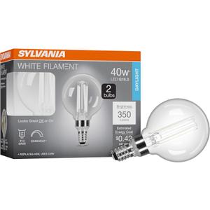 Sylvania G16.5 Clear Globe LED White Filament Bulb, 3.5W, Dimmable, 350 LMS, Candelabra Base, 5000K, Daylight - 2 Pack (42244)