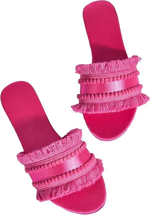 OYOANGLE Women's Fringe Trim Satin Open Toe Flat Slide Sandals Summer Casual Slip on Dressy Sandals  (8, Hot Pink)