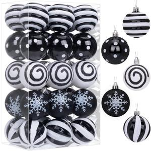 30 Pcs Christmas Ball Ornaments Set, 2.36'' Black and White Hand Painted Ornament Bulk for Xmas Tree, Shatterproof Tree Bauble Decorations for Holiday Party, Wreath, Winter Decor