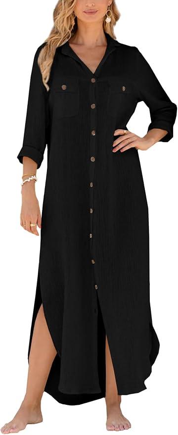 Dokotoo Cover Up for Women Cotton Long Button Down Shirt (Black), XXL