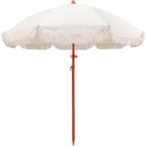 Jihfmo 7.3ft Boho Beach Umbrella with Integrated Sand Anchor & Reinforced 8mm Ribs Heavy Duty Windproof Fringe Patio Umbrella, UPF 50+ Sun Shade with Tilt Mechanism & Carry Bag for Outdoor, Garden, Seaside (Cream/White)