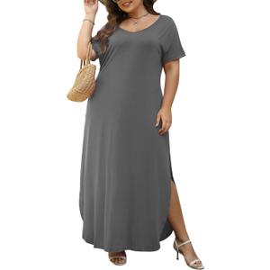 Nemidor Plus Size Maxi Dresses for Curvy Women Casual Summer Slit Loose Short Sleeve Long Dress with Pocket 14-26 (Gray)