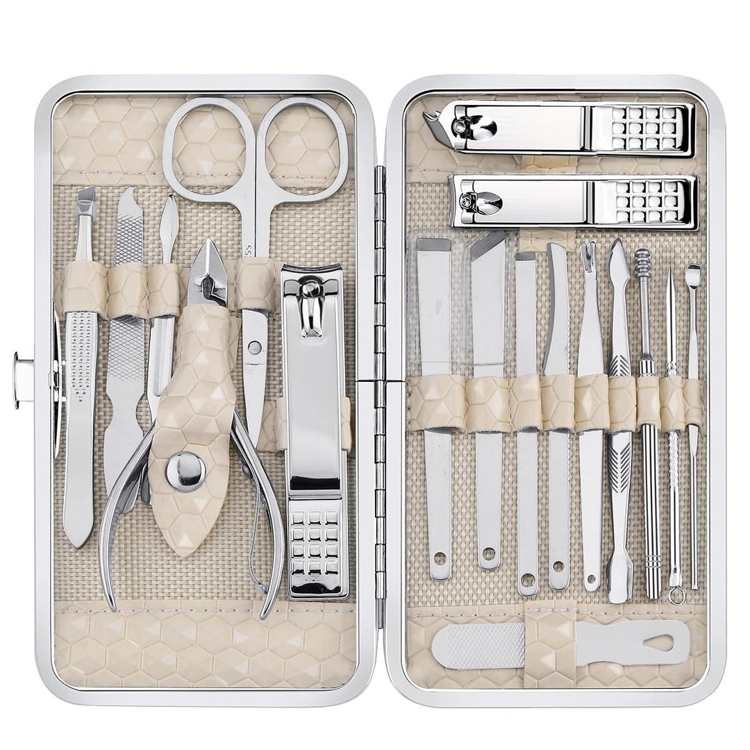 Yougai Nail Clippers set for Men and Womens Gift Manicure Set 18 Pieces Stainless Steel Manicure Kit,Nail Care Tools with Luxurious Travel Case (Beige)