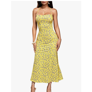 Floerns Women's Summer Blackless Floral Print Halter Neck Midi Dress
L