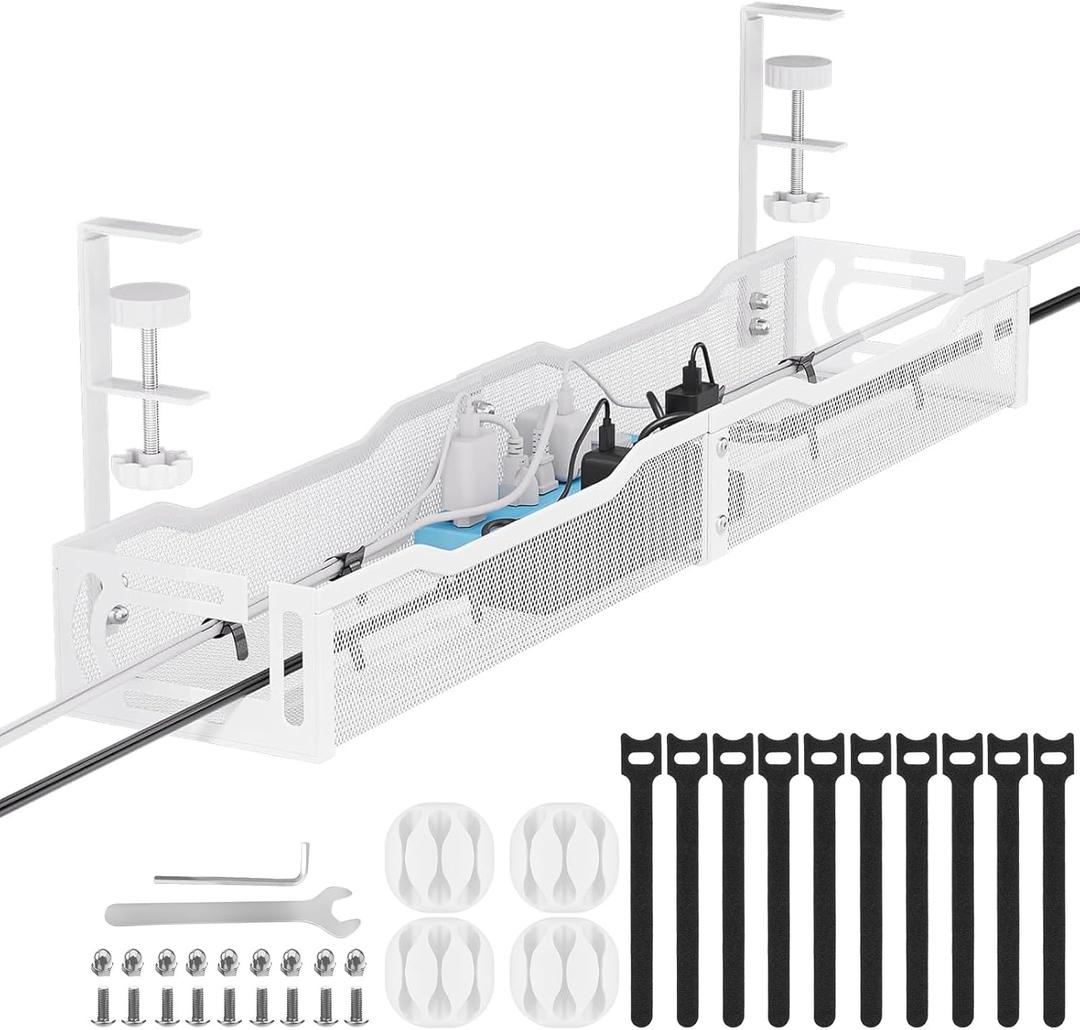 Cable Management, 25'' Cable Management Under Desk No Drill, Metal Cord Organizer with Clamp for Standing Desk, Cable Organizer for Home Office, White (25'' (1 Pack))