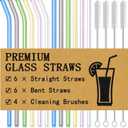 Piteno 16-Pack Reusable Glass Drinking Straws, 8.5''x10MM, Set of 6 Straight and 6 Bent with 4 Cleaning Brushes, Perfect for Smoothies, Milkshakes, Juice, Tea (Rainbow)