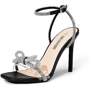 DREAM PAIRS Women's Double Bowknots Crystal Sandals Clear Slingback Heels Square Toe Shoes for Party Wedding, 9.5
