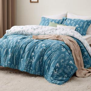 Bedsure Queen Comforter Set - Teal Blue Bed Set, 3 Pieces Cute Floral Bedding, 1 Soft Reversible Botanical Flowers Comforter and 2 Pillow Shams