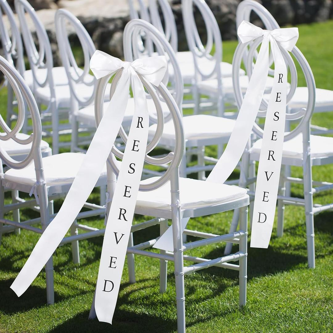 4 Pcs Reserved Bows Sign White Ribbon Bows Reserved Seating Tags Wedding Chair Decor for Bridal Shower Wedding Anniversary Engagement Birthday Church Bench Memorial Ceremony, 29in