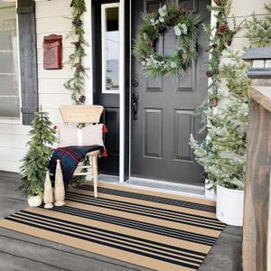 KOZYFLY Striped Front Door Mat 3x5 Ft Brown and Black Front Door Rug Cotton Washable Indoor Outdoor Rug Doormats Outdoor Striped Area Rugs for Kitchen Entryway Front Porch