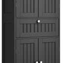 ChooChoo 51" H Tall Bathroom Floor Cabinet, Modern Bathroom Storage Cabinet with Drawer and Adjustable Shelves, Freestanding Kitchen Pantry Cupboard with 4 Doors for Living Room, Black, 11.81"d X 23.62"w X 51.18"h