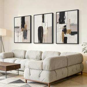 Neutral Abstract Wall Art Set of 3 Framed Canvas Prints, 16x24 Inch Modern Beige Black Abstract Paintings with Gold Accents, Minimalist Wall Decor for Living Room Bedroom Dining Room, Metal Frame Ready to Hang