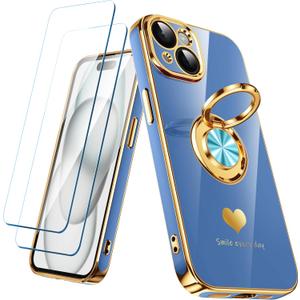 Compatible for iPhone 15 Case with 2 Pack Screen Protector, 360 Rotatable Ring Holder [Luxury Hearts Pattern] Plating Gold Edge Slim Soft Phone Cover Case for iPhone 15 - Lake Blue
