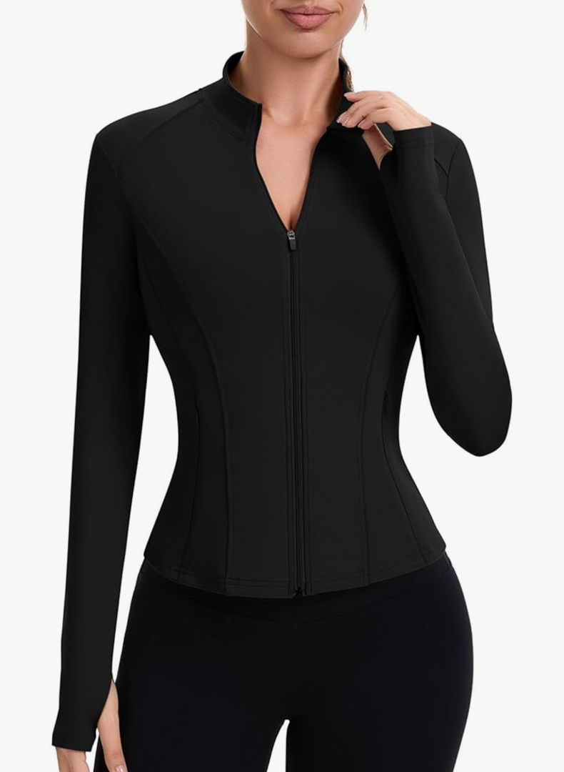 ZHENWEI Workout Jackets for Women Full Zip Up Cropped Athletic Long Sleeve Lightweight Slim Fit Running Tops with Pockets, L