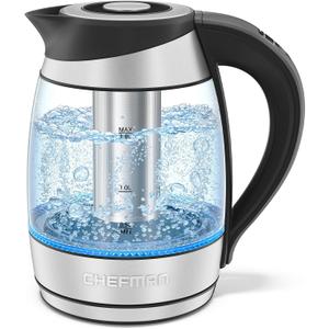 Chefman Electric Kettle with Temperature Control, 5 Presets LED Indicator Lights, Removable Tea Infuser, Glass Tea Kettle & Hot Water Boiler, 360 Swivel Base, BPA Free, Stainless Steel, 1.8 Liters