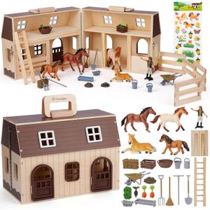SIMPLIPLAY Horse Toys with Large Portable Wooden Stable Playset