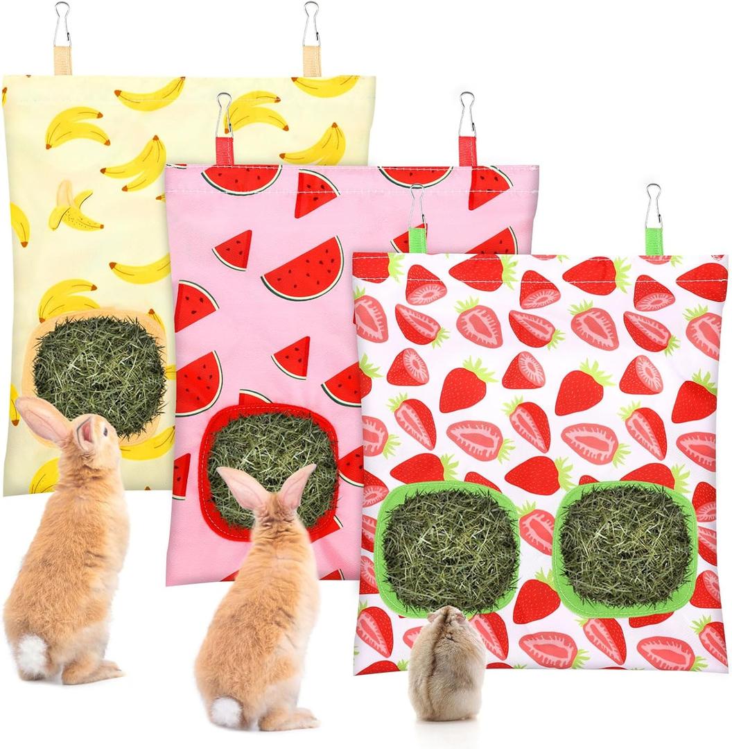 UPINS 3 Hay Bag for Rabbits 2-Hole Hanging Hay Feeder Guinea Pig Hay Bags, Hay Feeder for Rabbits Chinchillas Hamsters Small Pets and Animals(Fruit Pattern) (Red Pink Yellow)
