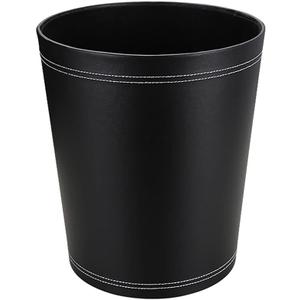 KINGFOM Classic Pu Leather Trash Can Wastebasket, Small Garbage Container Can for Bathrooms, Powder Rooms, Kitchens, Home, Office and and High Class Hotel Round Black