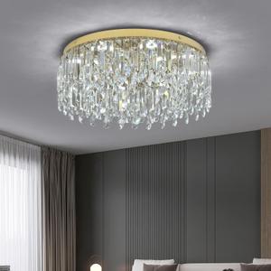 Deckrico 19.7" Gold Crystal Chandelier, Modern Flush Mount Ceiling Light Fixture Luxury Tri-Color LED Lighting for Living Room Dining Room Bedroom