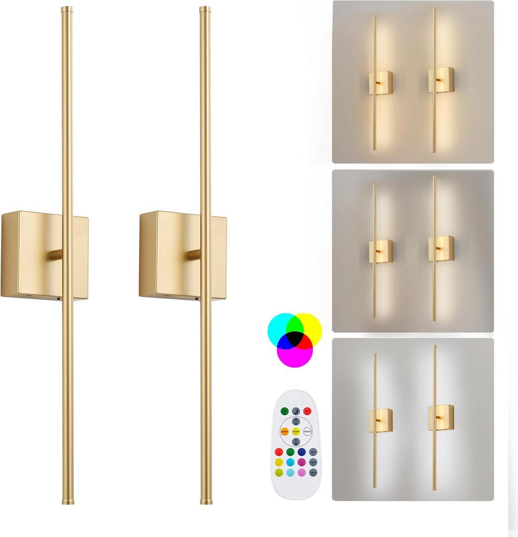 Battery Operated Wireless Wall Sconces Set of Two, with Remote, Dimmable, Warm White/Natural White/Daylight/RGB, 350Rotate, LED Gold Wireless Wall Light for Living Room, Bedroom, 28.3 Inch