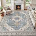 7x9 Washable Area Rug, Large Rugs for Living Room Stain Resistant Non Slip Backing Soft Low Pile Vintage Carpet for Bedroom Dining Room Kid & Pet Friendly Home Decor - Blue