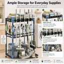 Cleaning Supplies Organizer Cart with Wheels, Broom and Mop Holder with 5 Grippers, 6 Hooks, 3 Shelves, Rolling Broom Closet Storage Rack for Laundry Room, Kitchen, Bathroom, Garage, Poolside