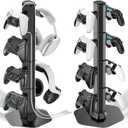 Controller & Headset Holder Stand for Desk, with Charger Cable Organizer Headphone Stand for PS5/ Xbox/ PS4/ Switch, Metal Base Controller Hanger Hook for Storage Earphones, Game Console, Mobile Phone (Black)