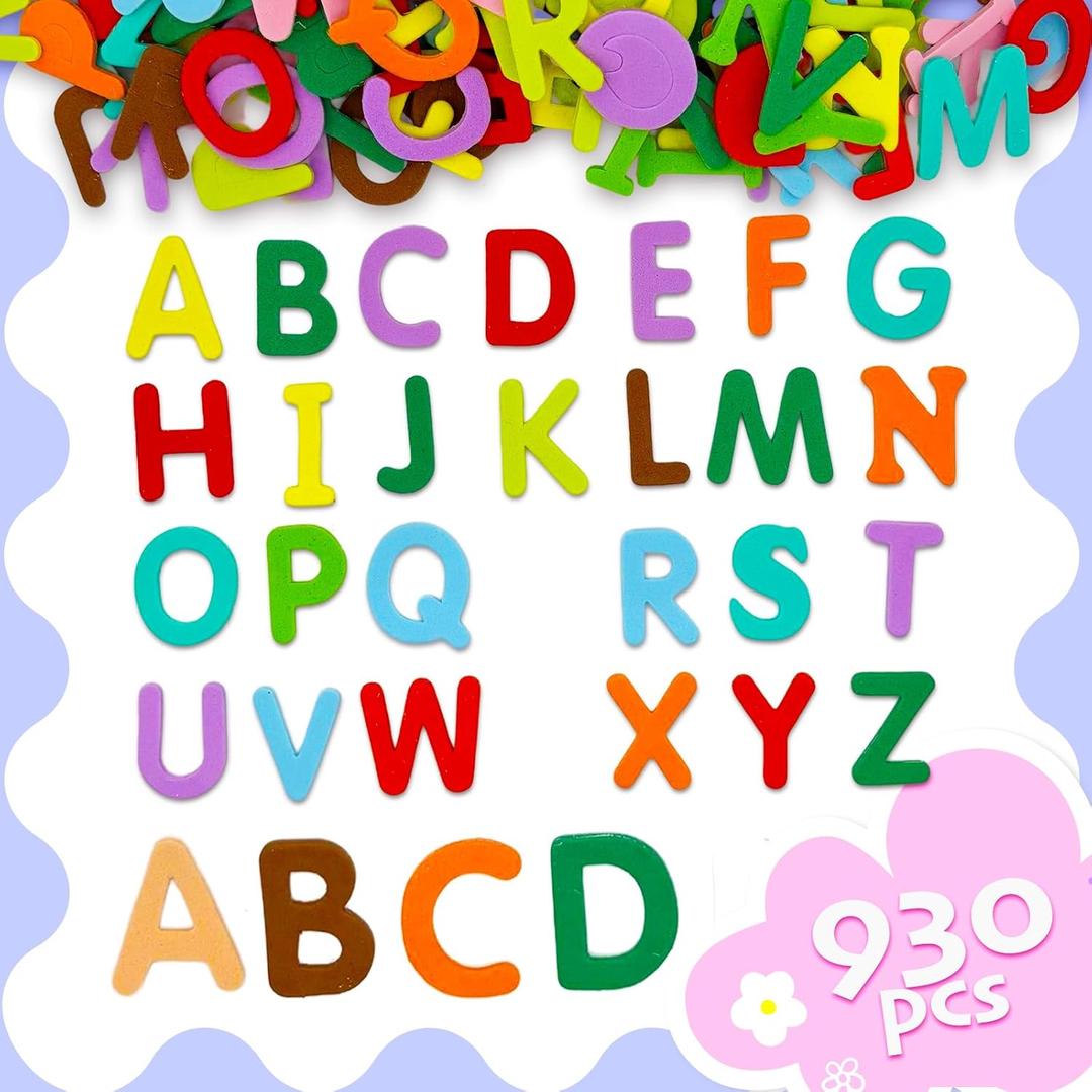 930 pcs Alphabet Letters Foam Stickers,2 sizes-12 Colors Self Adhesive A-Z Alphabet Stickers Craft Supplies for Kids DIY Spell Decorations