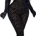 sedmoda Women Sexy Bodycon Velvet Jumpsuit Sheer Mesh Patchwork One Piece Party Club Outfits with Gloves (Small, Black)