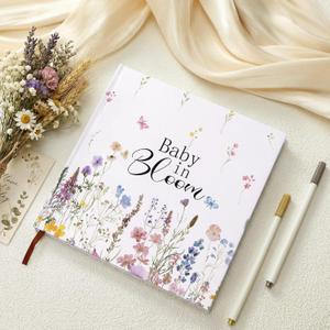 Wildflower Baby in Bloom Baby Shower Guest Book Decorations with 2 Markers Sign in Guest Book Scrapbook Gender Revel Photo Album 8.7'' x 8.7" for Party Favors Gift Guests 144 Pages
