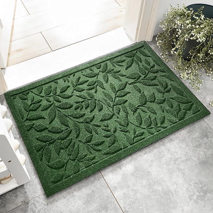 Green Leaves Outdoor Indoor Entrance Door mat, Absorbent Durable Heavy Duty Welcome Front Door Mat,Thick Natural Rubber Back,Easy Clean Entryway Mat 17x30 Inch, Low Profile