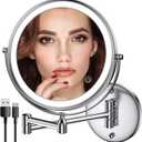 Rocollos Rechargeable Wall Mounted Lighted Makeup Mirror Chrome, 8 Inch Double-Sided LED Vanity Mirror 1X/10X Magnification,3 Color Lights Touch Screen Dimmable 360Swivel 13 Inch Extendable