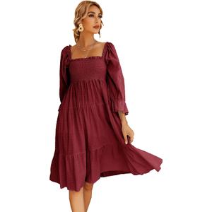 R.Vivimos Women's Summer Cotton Polka Dots Puff Sleeves Bow Casual Off-Shoulder Boho Midi Dress (Large, Burgundy) 