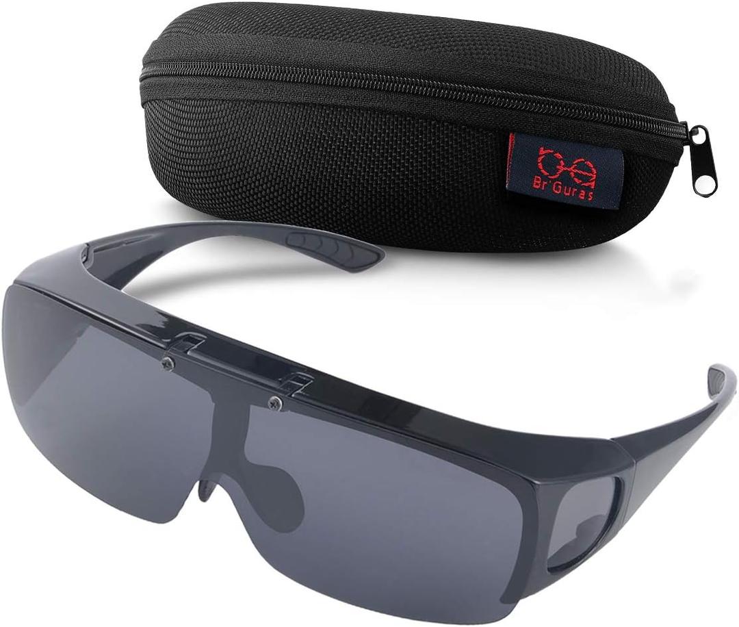 Br'Guras Fit Over Polarized Sunglasses Flip Up Lens for Men and Women (All Black)