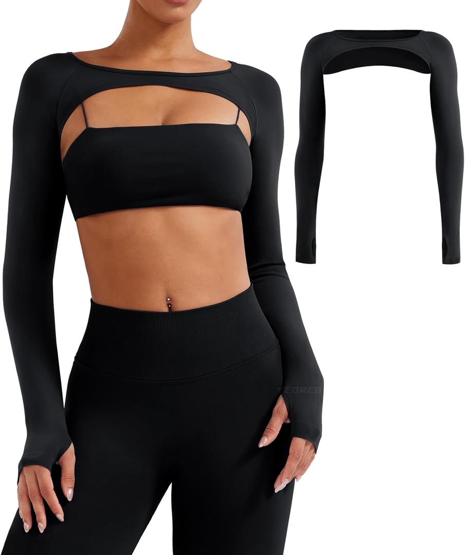 YEOREO Seamless Long Sleeve Shrug for Women Gym Crop Top Workout Cropped Sports Bolero (Medium, Black)