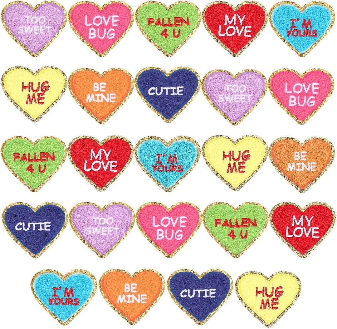 Juexica 24 Pcs Heart Shaped Iron on Patches Glitter Chenille Love Applique Embroidered Appliques Valentine's Day Transfers Sew on Fabric Patch for Clothes Jackets Backpack Hat Decoration(Bright)
