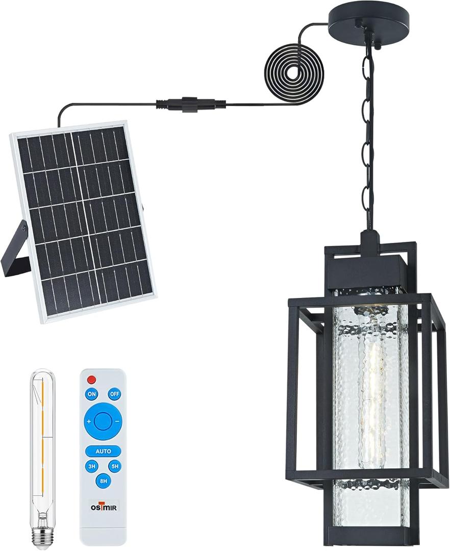 Solar Outdoor Chandelier, Dusk to Dawn Outdoor Pendant Light with Bubble Glass and Adjustable Chain, Remote Control, Black Exterior Hanging Front Porch Lantern Light for Gazebo, 2375/1HLS (6.5" W-Solar Powered)