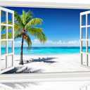 Ocean Wall Art Beach Picture for Living Room White Window Frame Style Palm Tree Art Print on Canvas Large Blue Sea View Painting Artwork for Bedroom Home Office Decoration, Ready to Hang(32"48")