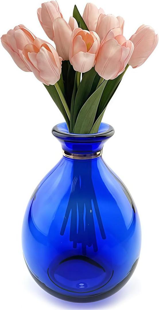 Glass Vase for Flowers, Rounded Small Blue Glass Vase for Home Decor Gift Centerpieces Events (Dark Blue & Gold)