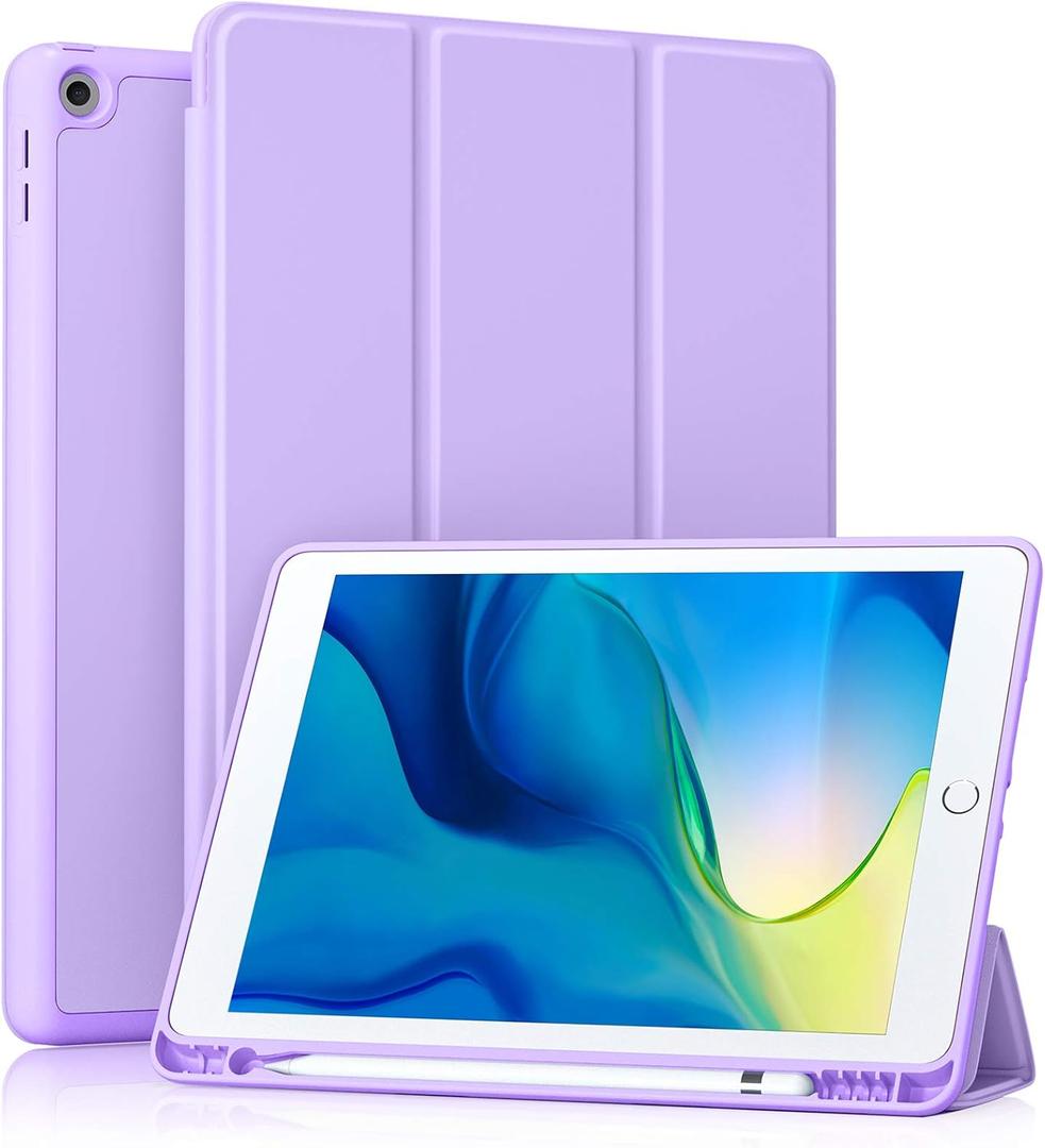 Akkerds Case Compatible with iPad 10.2 Inch 2021/2020/2019, for iPad 9th/8th/7th Generation Case with Pencil Holder, Protective with Soft TPU Back, Auto Sleep/Wake Cover, Lavender