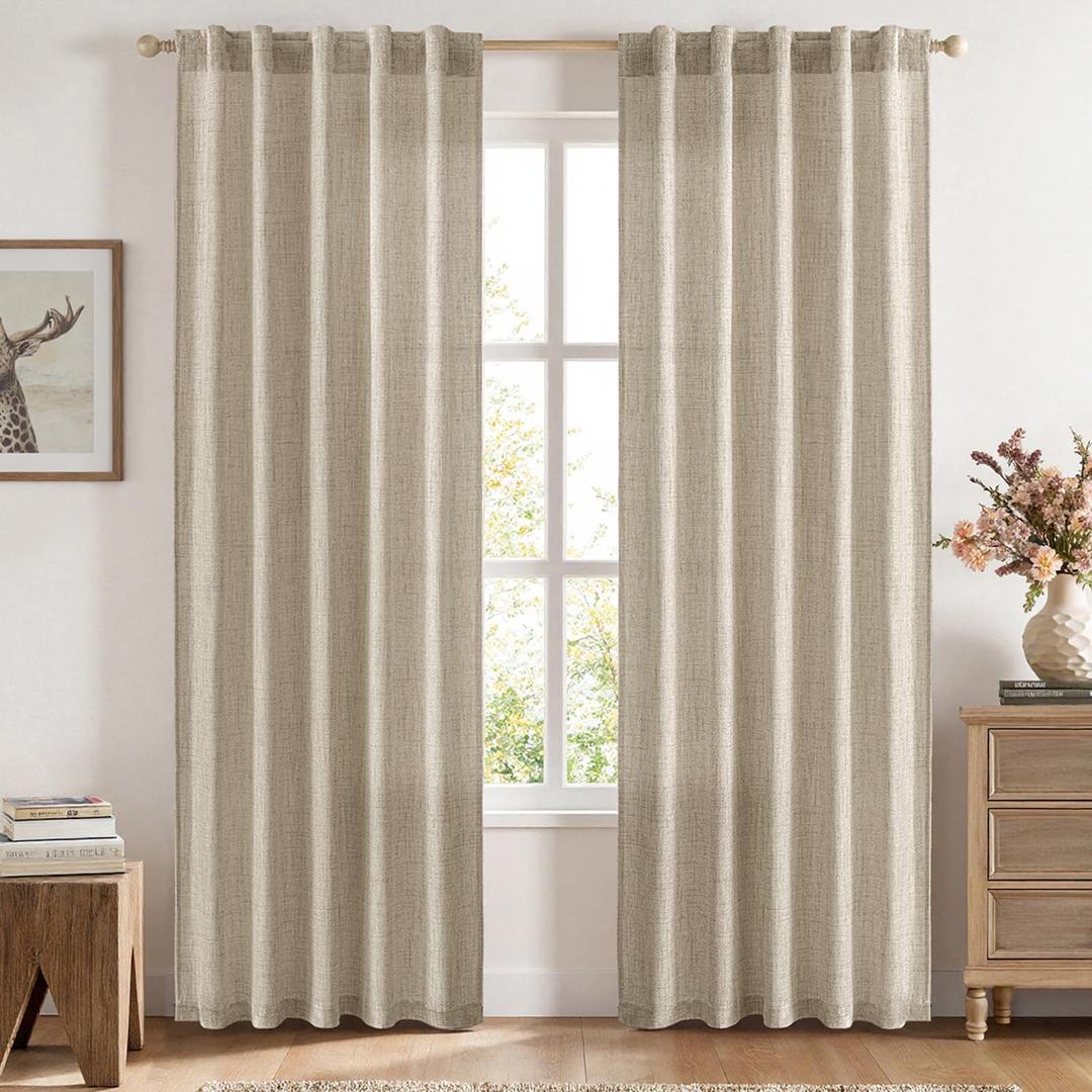 MIULEE Faux Linen Curtains 84 Inch Length 2 Panels Natural Burlywood Birch Semi Sheer Curtain with Back Tab Rod Pocket, Light Filtering Window Privacy Burlap Drapes for Living Room Bedroom 42W x 84L