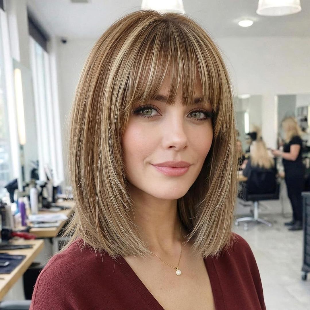 12 Inch Brown Mixed Blonde Human Hair Wig, Bob Wig Human Hair, Human Hair Wig With Bangs, Real Hair Wigs For Women, real human hair wigs
