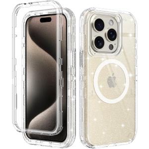 I-HONVA for iPhone 15 Pro Max Case Clear [Non Yellowing] [Compatible with MagSafe] Shockproof 3-Layer Full Body Protection Rugged Heavy Duty Cover Case for Apple iPhone 15 Pro Max 6.7",Clear Glitter